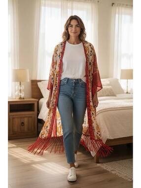Beach By Exist Red Boho Duster With tassels Sz.L/XL